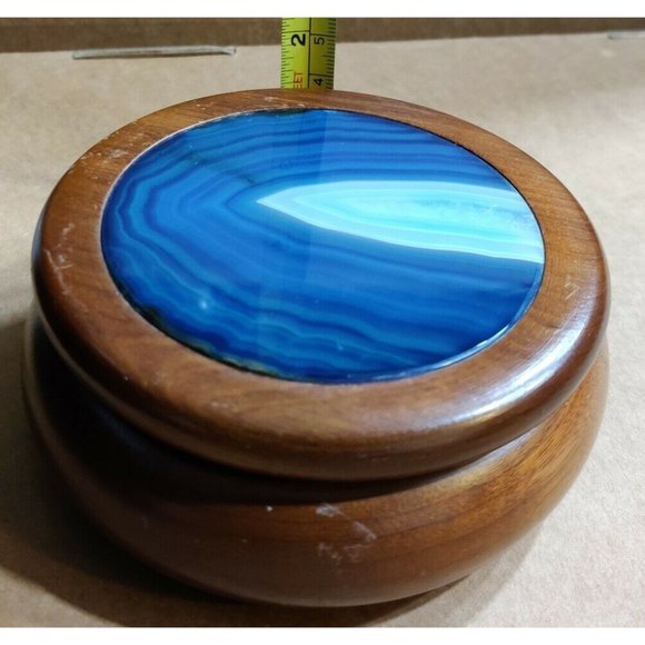 Vtg Brazilian Natural Agate Blue Dyed Inlaid on Lid Carved Wooden Trinket Box - Picture 9 of 9